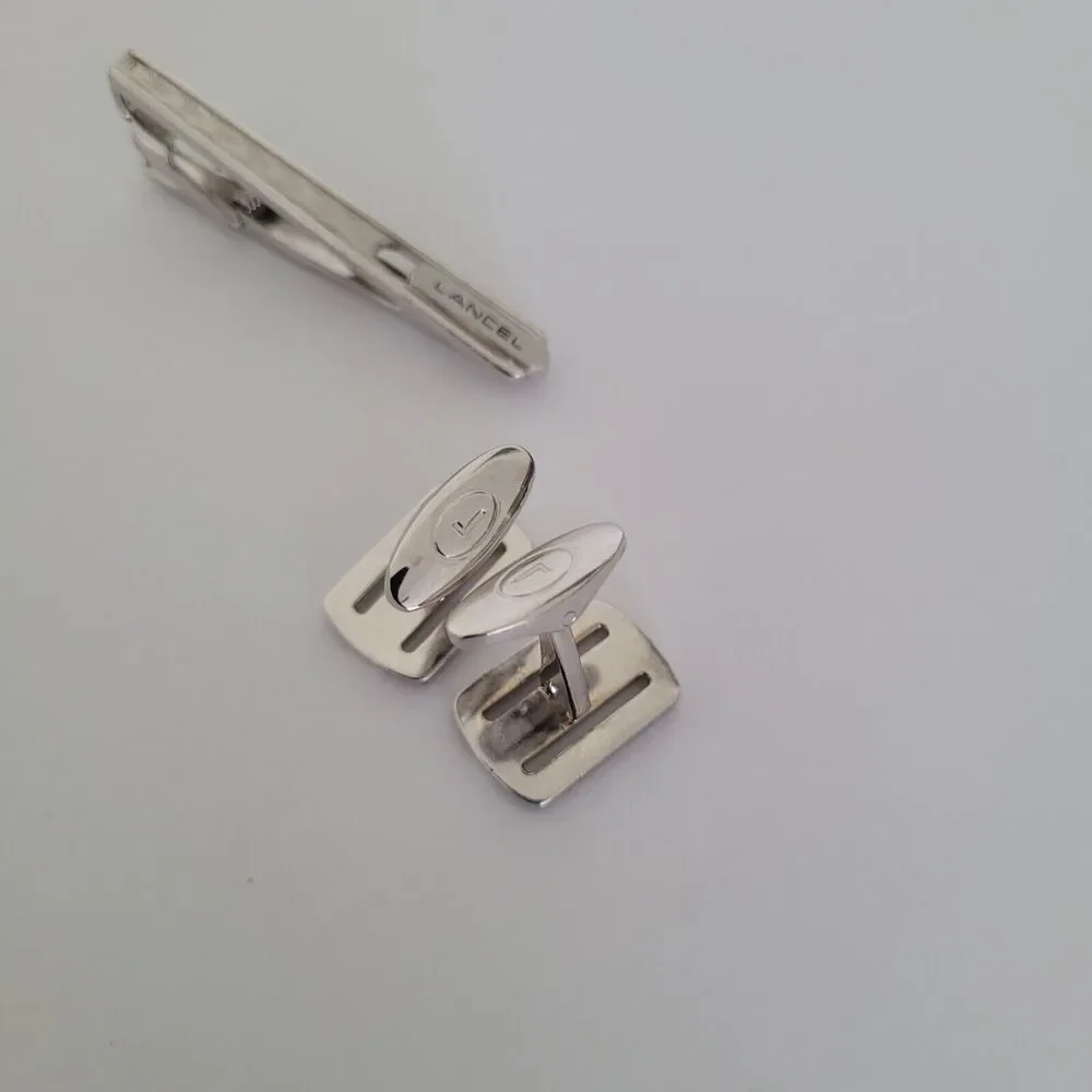 Lancel French Tie Clip Cufflinks Set‎ Silver Tone Logo